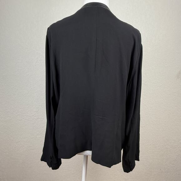 Eileen Fisher 100% Silk Crepe Leather Trim Jacket Black Button Sleeve Women’s XL - Picture 5 of 14